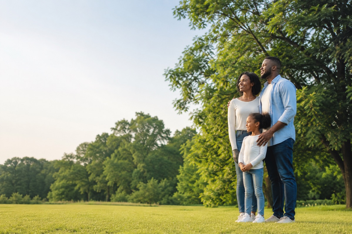 A father, mother and young daughter standing together in a sunlit park, looking out toward the distance